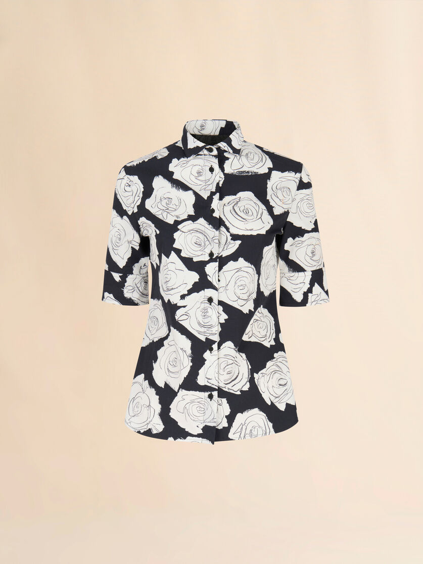 Black poplin short-sleeve shirt with Luna print - Shirts - Image 1