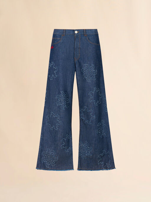 Blue chambray jeans with frayed sun motif - Pants