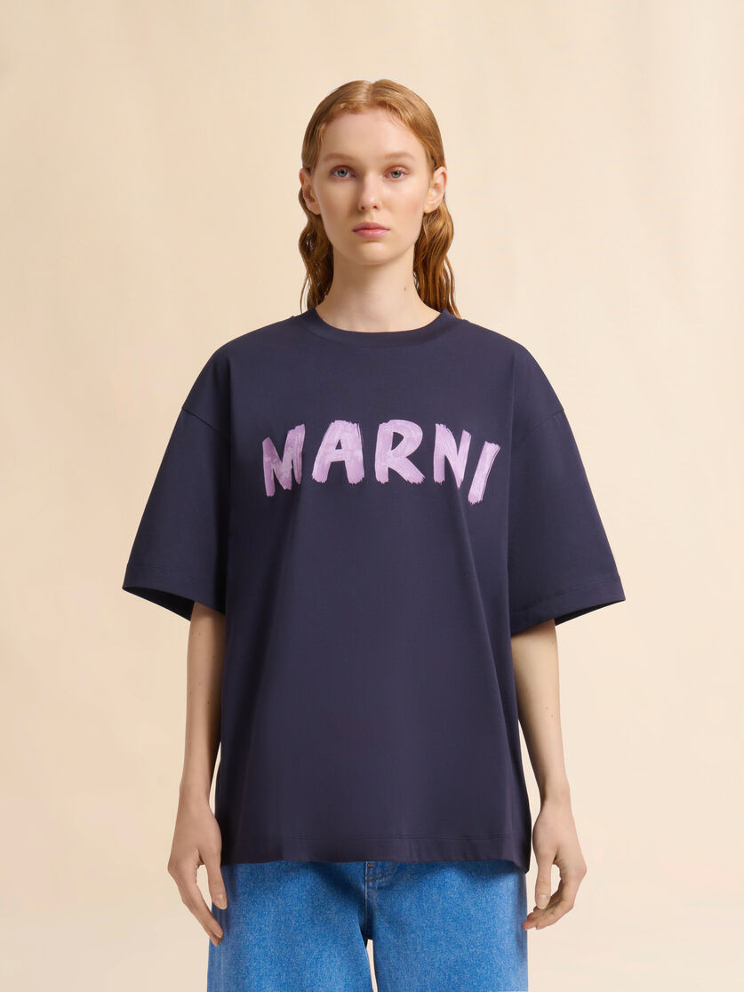 Deep blue organic cotton T-shirt with logo | Marni 