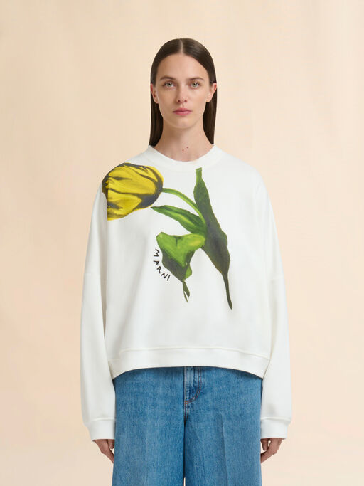 White cotton sweatshirt with tulip print - Sweaters