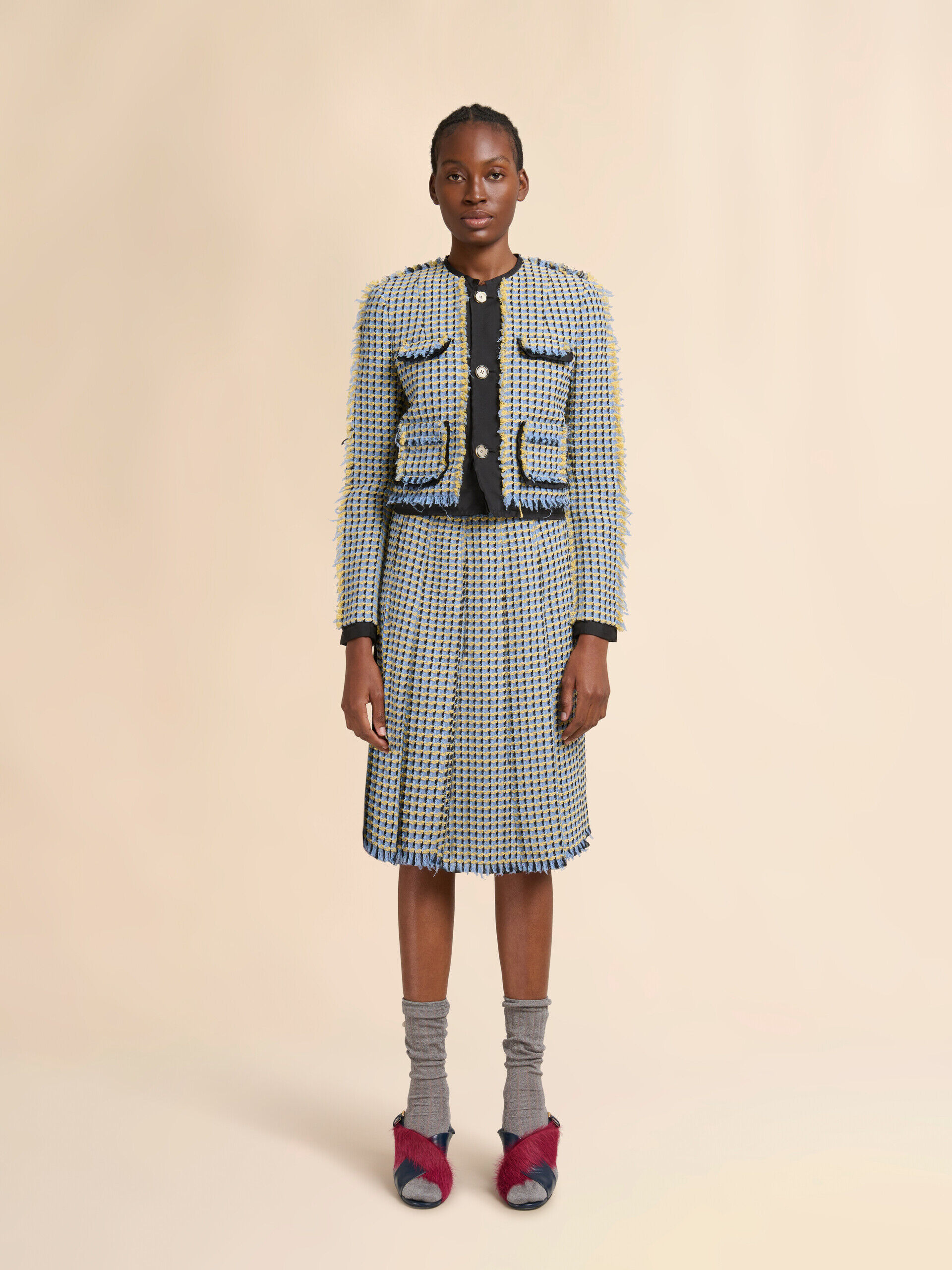 Blue cotton tweed-effect pleated skirt | Marni