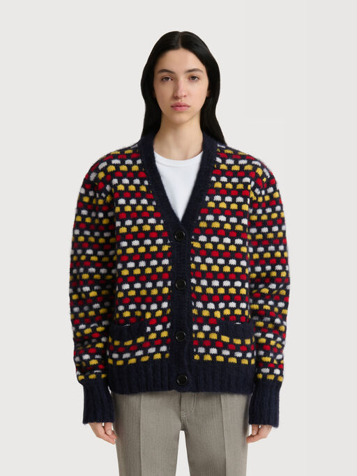 Red and blue jacquard Shetland wool cardigan - Pullovers
