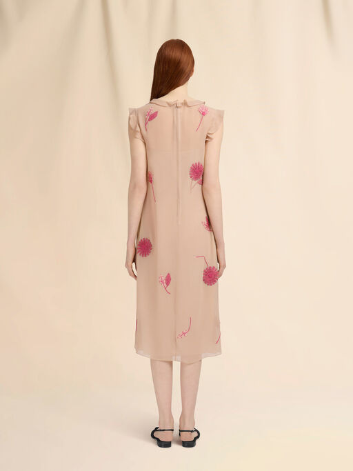 Nude silk dress with camellia embroidery - Dresses