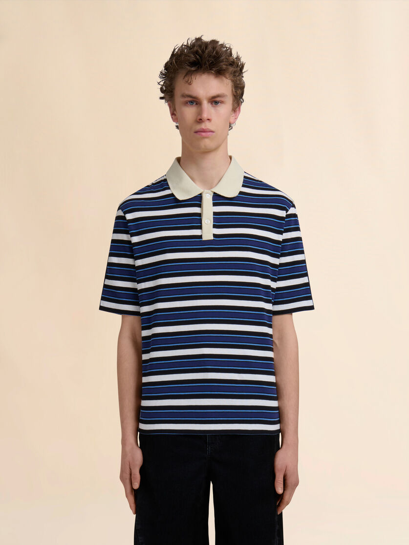 Polo in cotone biologico blu a righe e retro a contrasto - Camicie - Image 2