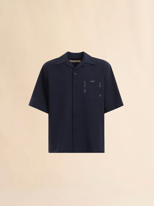 Deep blue tropical wool bowling shirt with Marni Mending - Shirts