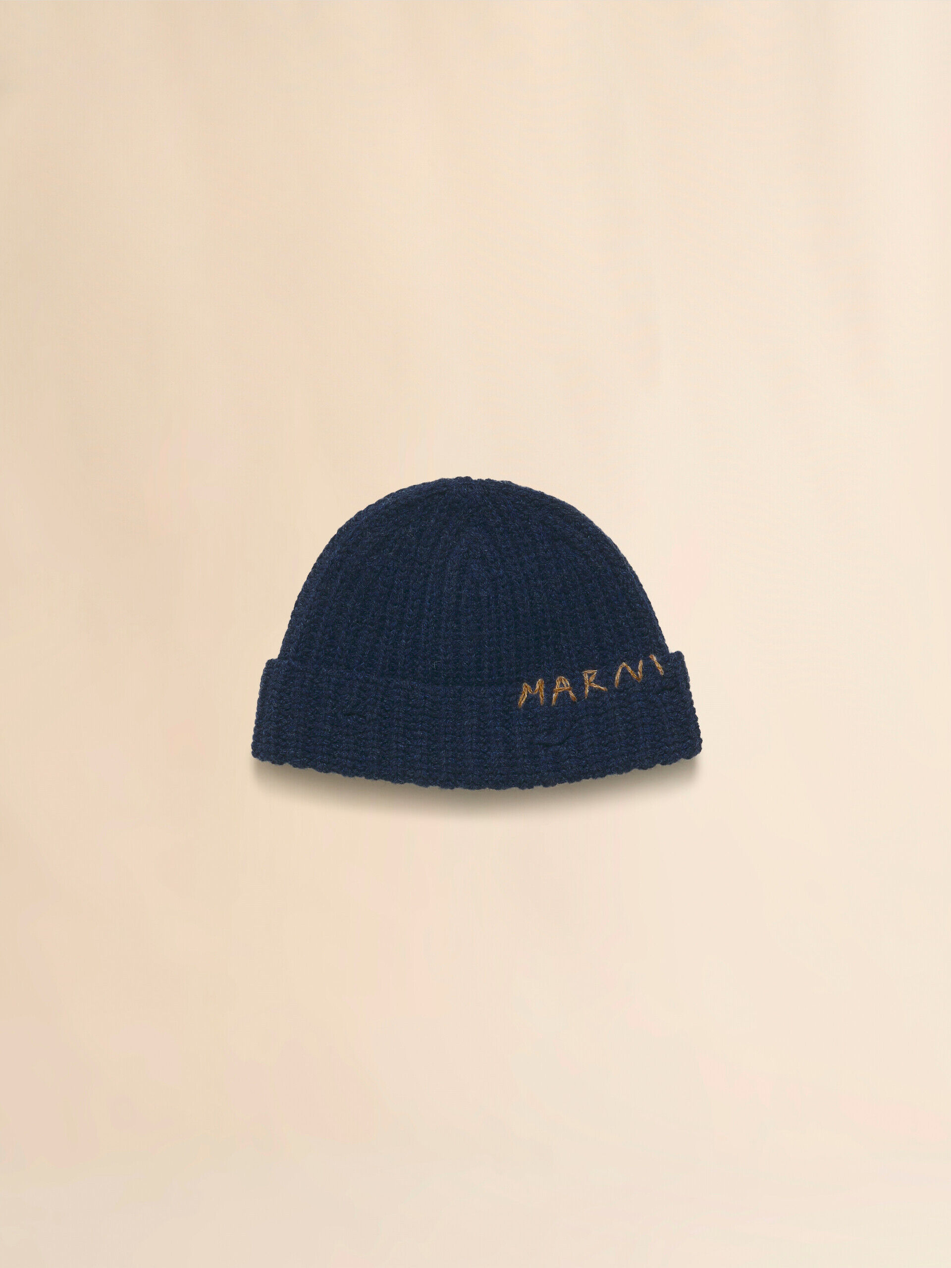 Deep blue ribbed beanie with hand-stitched logo | Marni