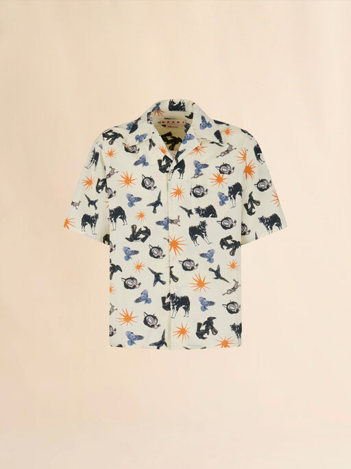 Off-white poplin bowling shirt with Wolves, Ravens and Doves print - Shirts