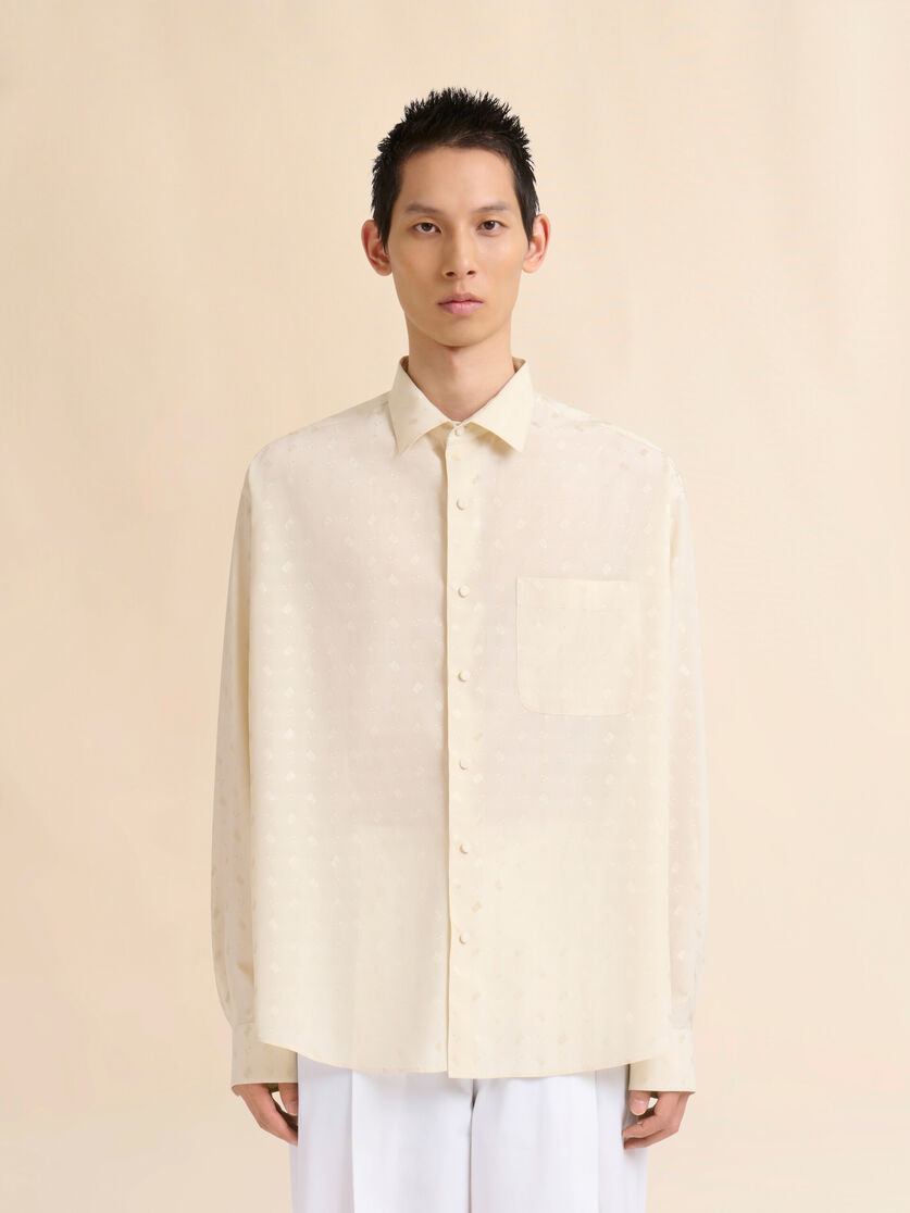 Cream viscose oversized shirt with geometric jacquard motif - Shirts - Image 2