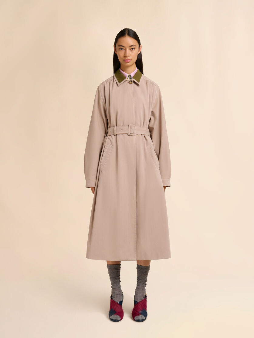 Beige gabardine trench coat with contrast collar, Image 2