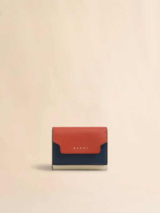 オレンジ ベージュ ブルー サフィアーノレザー製 三つ折りウォレット - 財布