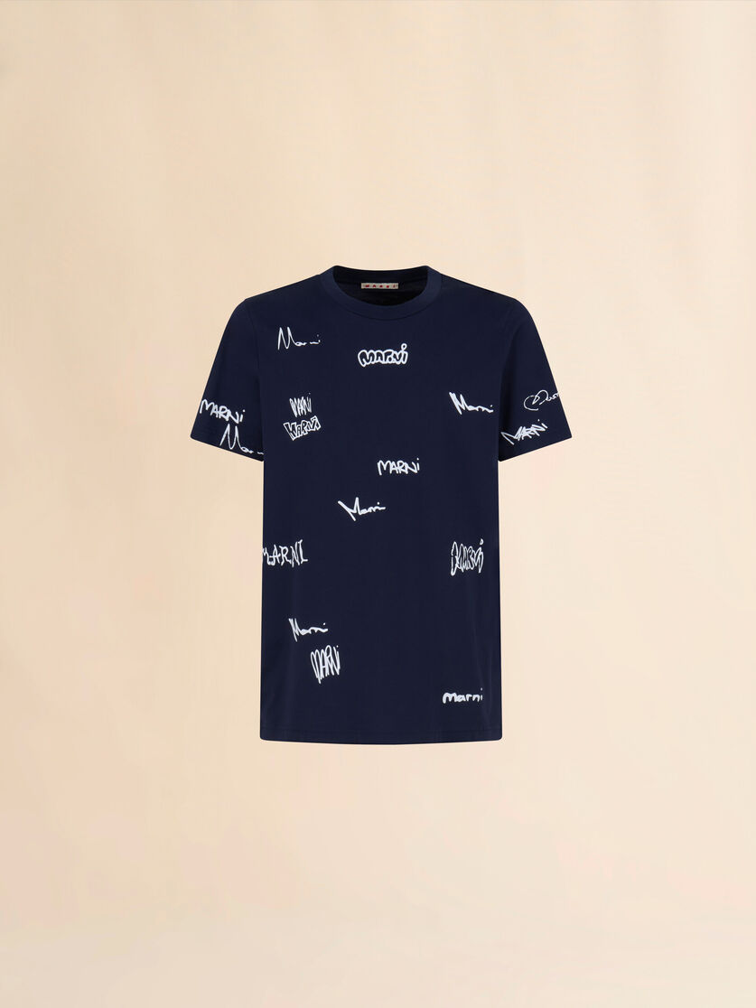 Deep blue cotton T-shirt with Multigram Marni print - Shirts - Image 1