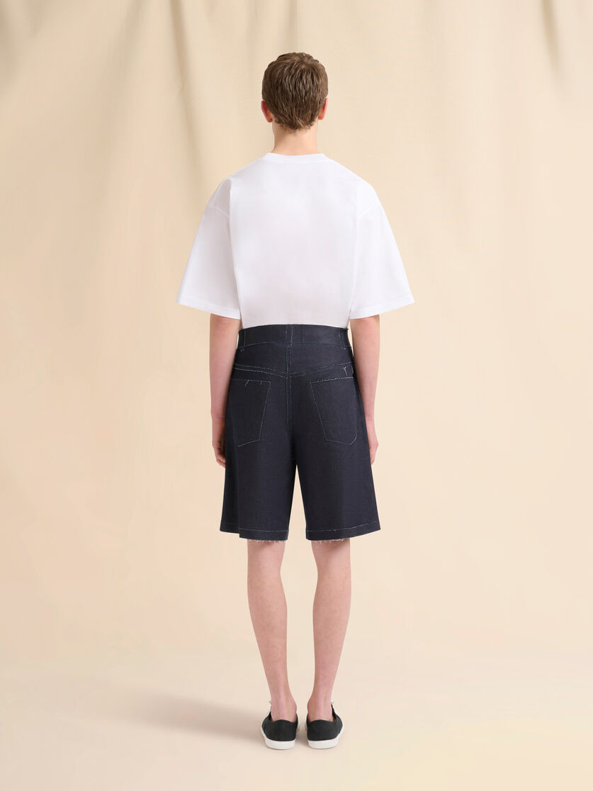 Deep blue stretch denim trompe l'oeil Bermuda shorts - Pants - Image 3
