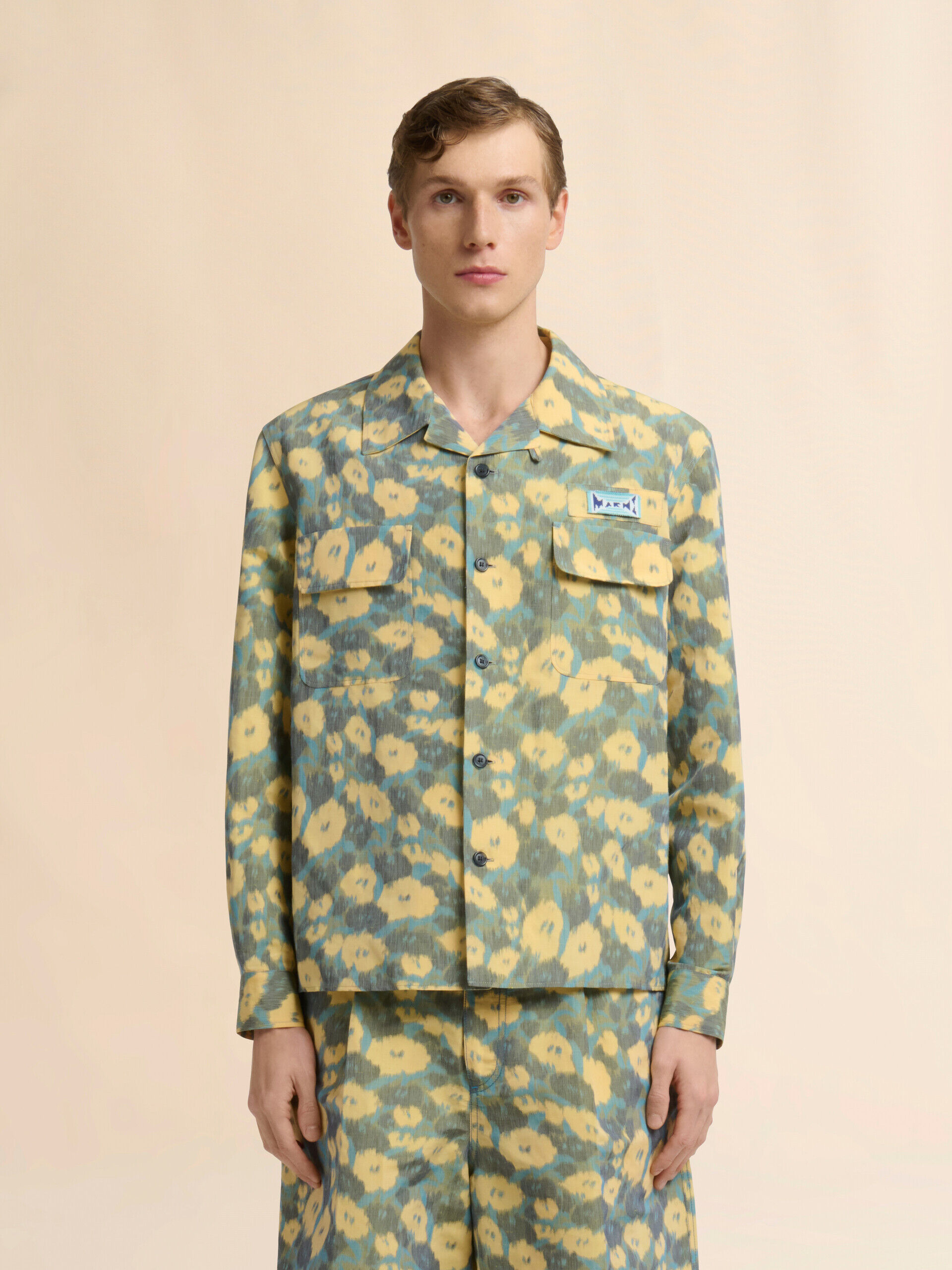 グリーン リネンブレンドシャツ、ぼかした花柄プリント | Marni