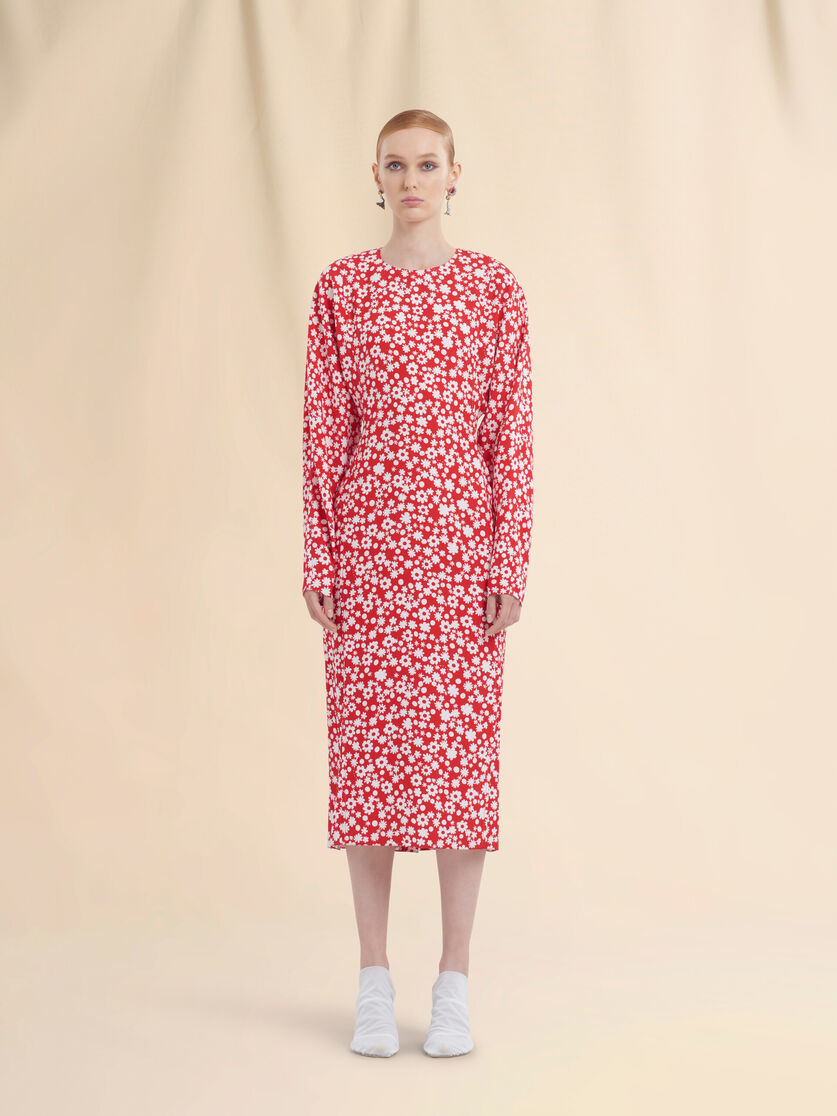 Satin midi dress with red and white Pop Fields motif - Dresses - Image 2