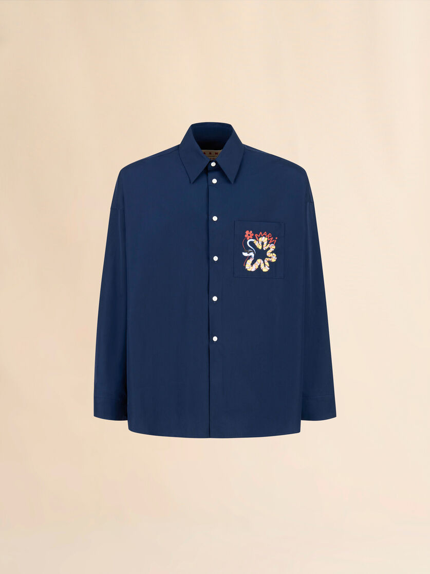 Deep blue cotton long-sleeved shirt with snake print - Shirts - Image 1