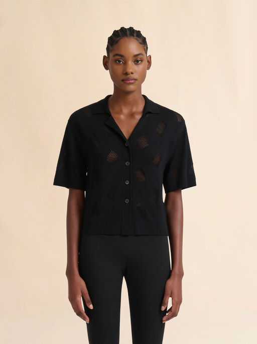 Black wool-silk knit openwork shirt - Shirts