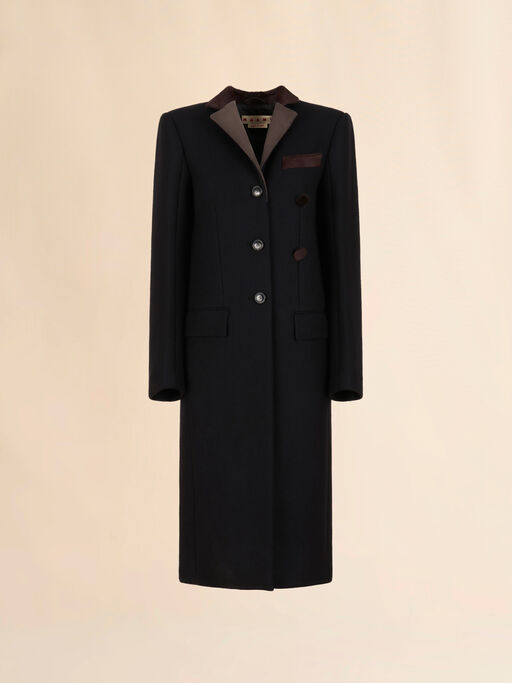Black wool felt coat with leather details - Coats