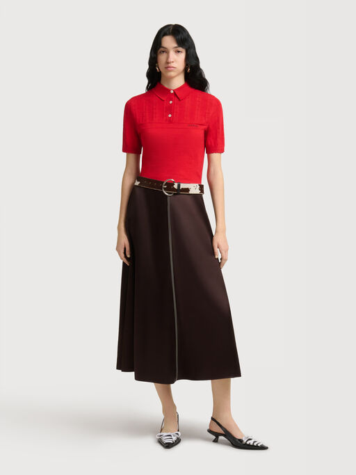 Deep brown satin midi skirt with contrast stitching - Skirts