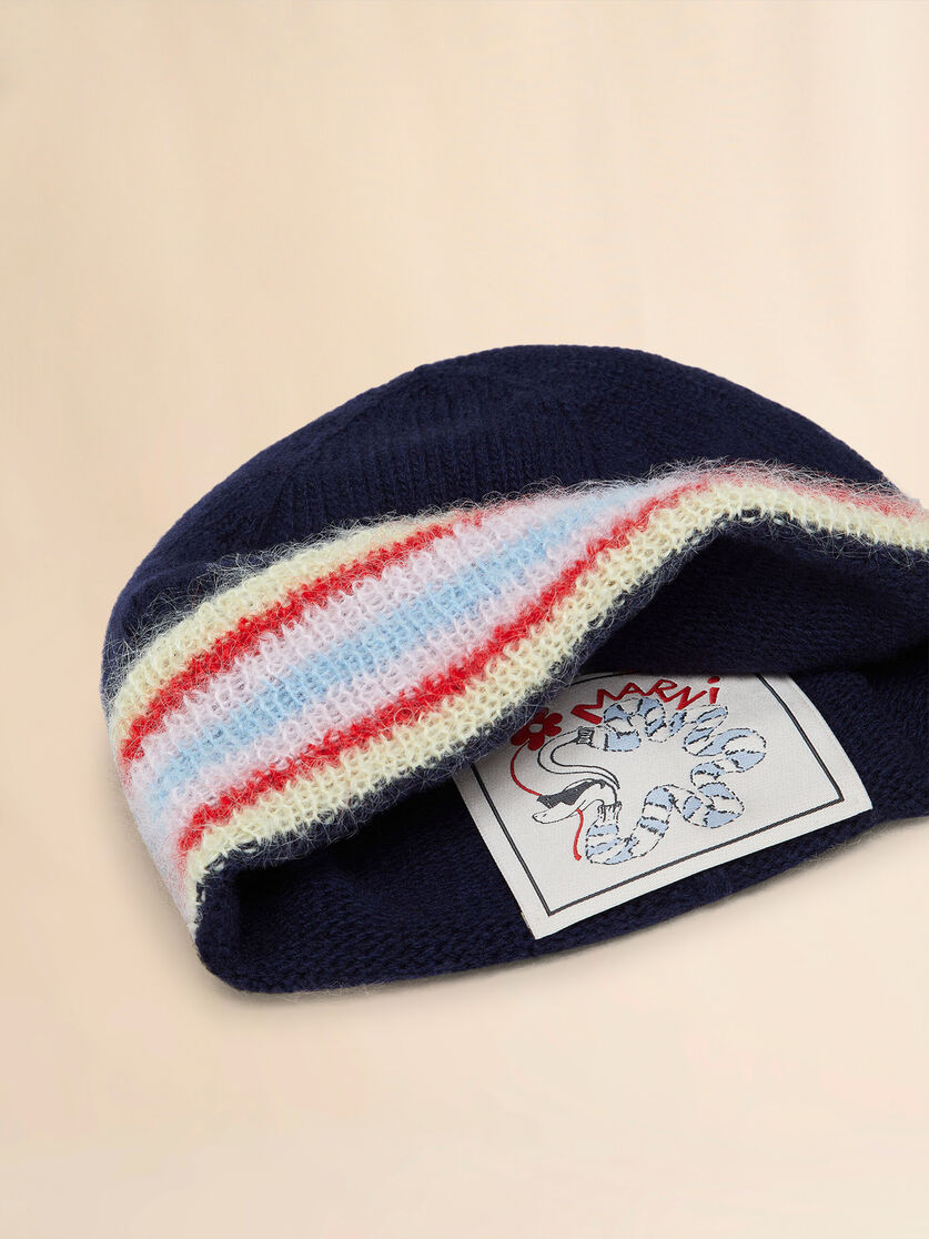 Deep blue wool beanie with striped turn-up - Hats - Image 3