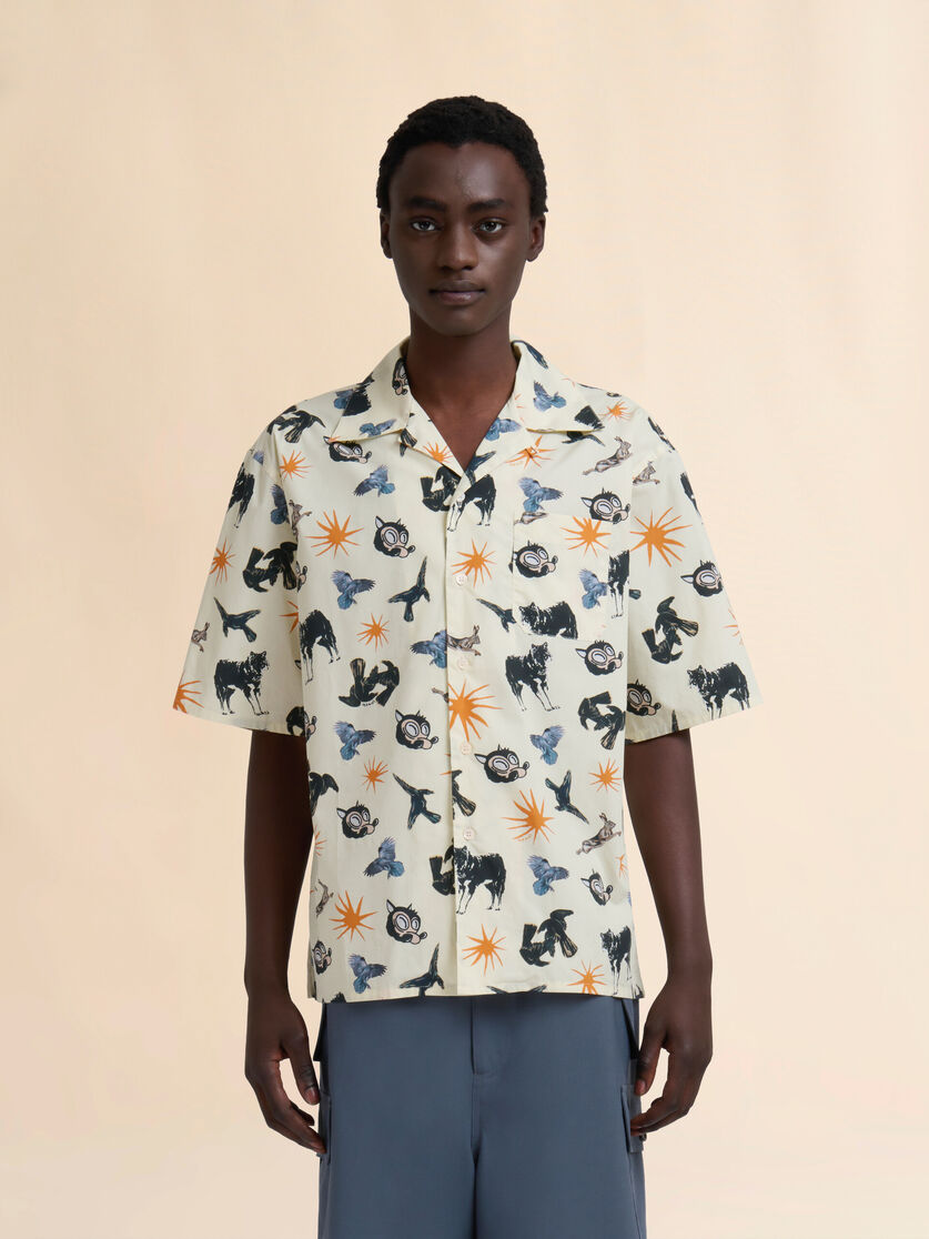 Chemise bowling en coton bleu avec imprimé loups et corbeaux - Chemises - Image 2