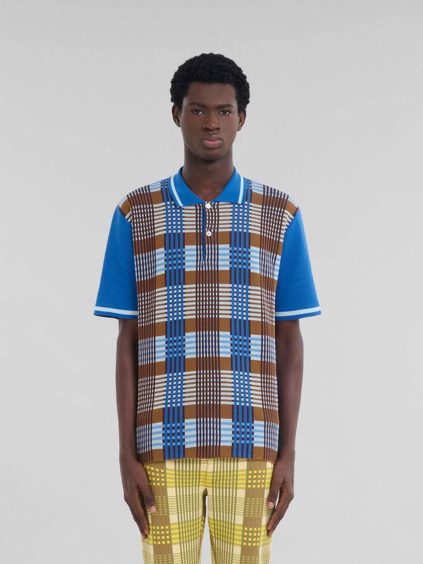Blue and brown checked cotton polo shirt - Polos - Image 2