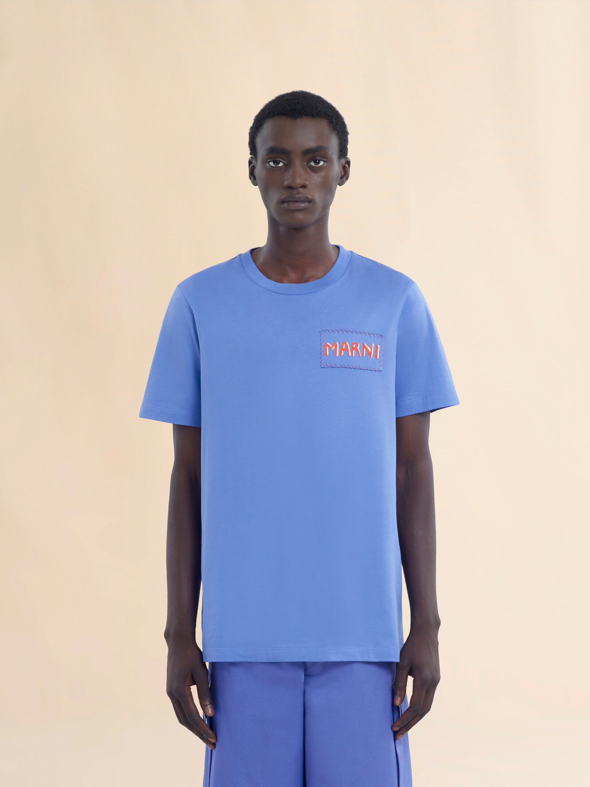 ☆【MARNI】☆Logo Blue Cotton T-shir.t☆Tシャツ☆正規品☆ Light blue jersey cotton T-shirt with Marni Scribbled logo