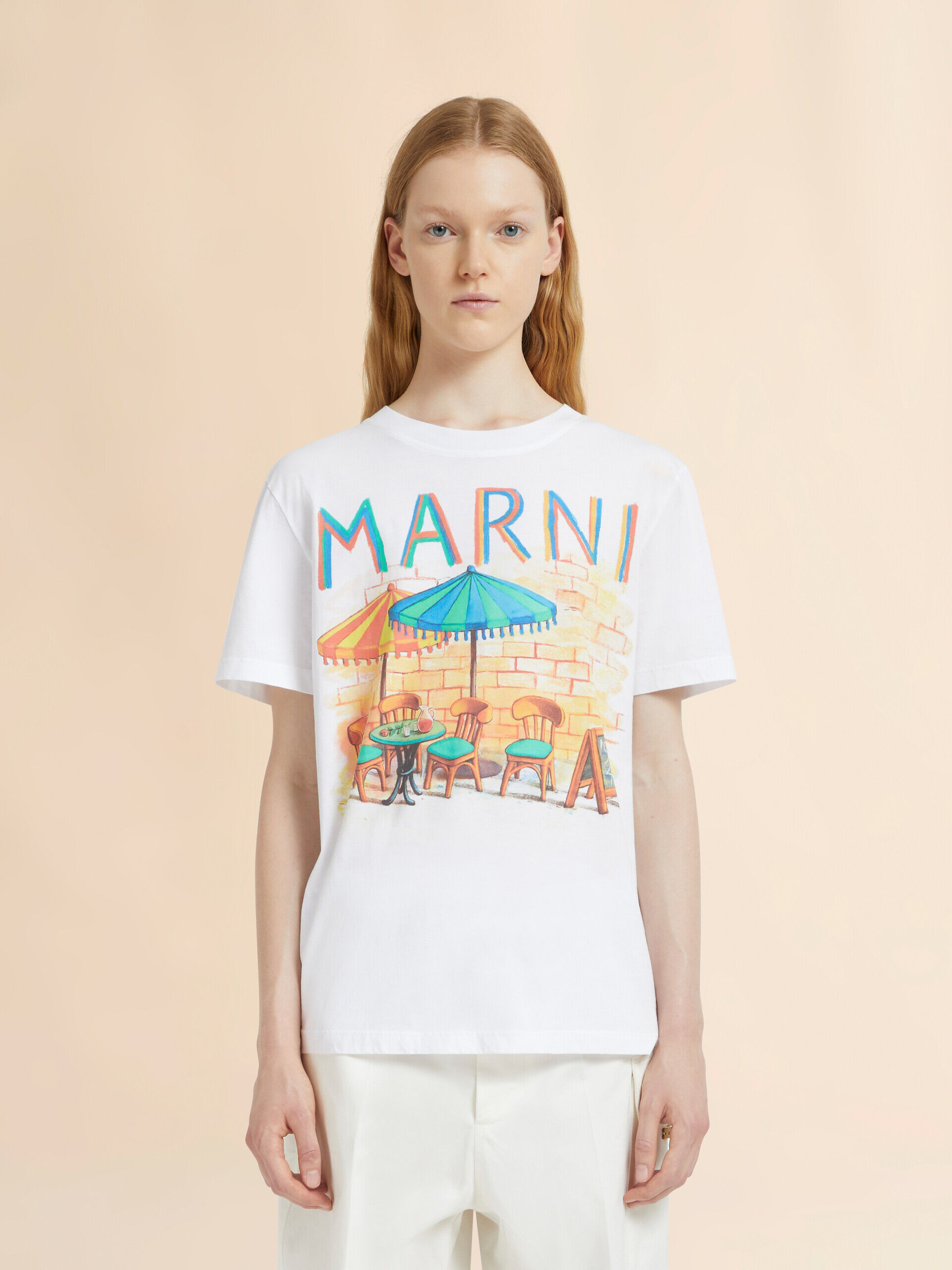 White cotton T-shirt with Marni Bar postcard print | Marni