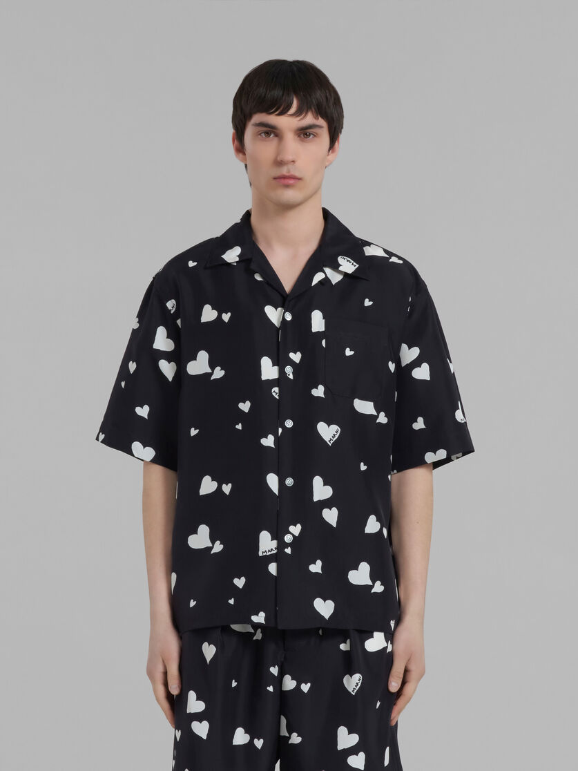 Black silk shirt with Bunch of Hearts print - Shirts - Image 2