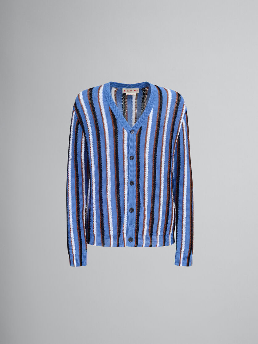 Cardigan en coton bleu avec rayures réalisées au crochet - pulls - Image 1