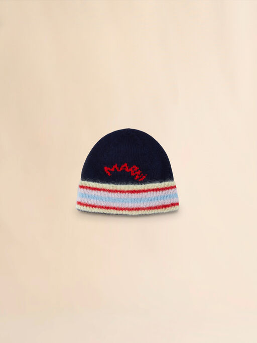 Deep blue wool beanie with striped turn-up - Hats