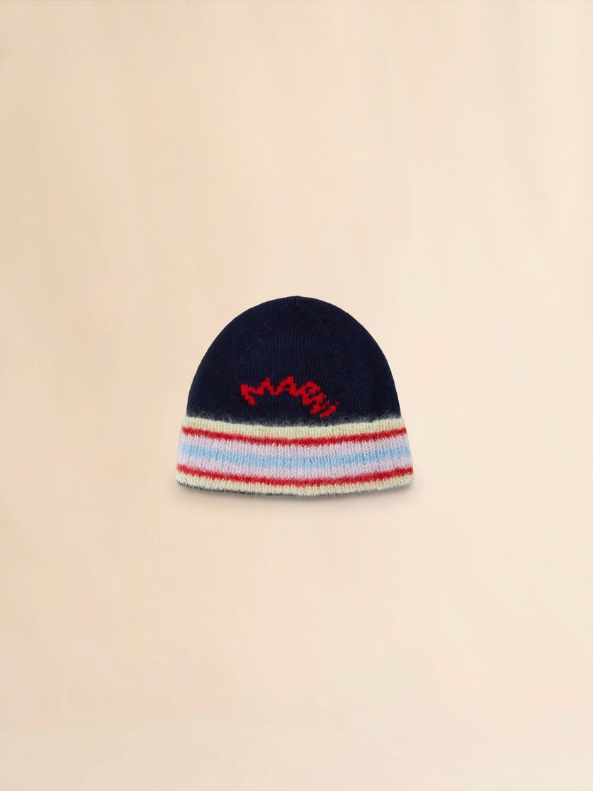 Deep blue wool beanie with striped turn-up - Hats - Image 1