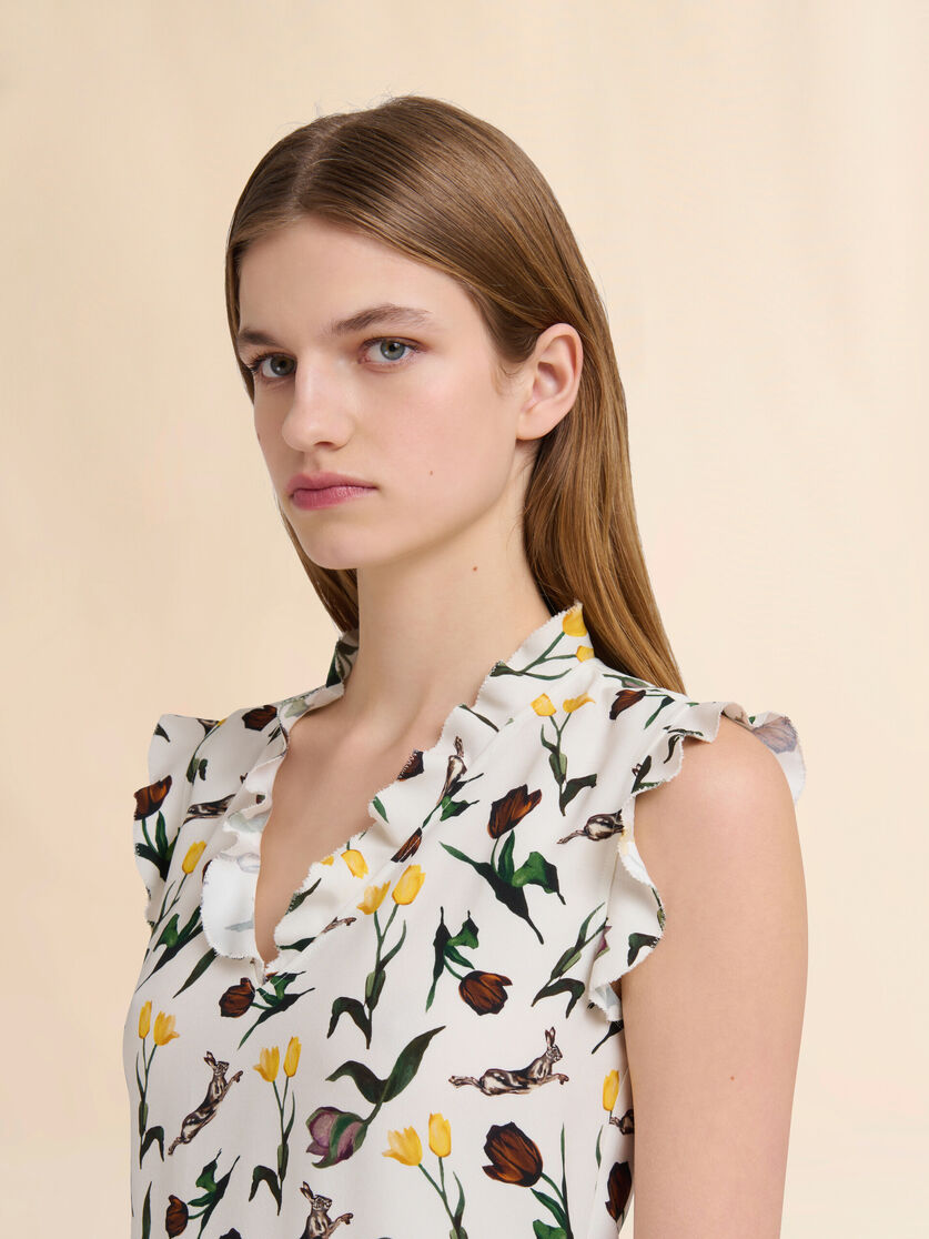 Cream envers satin dress with Tulips and Hares print - Dresses - Image 4
