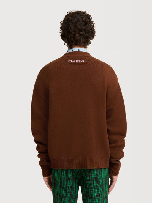 Brown wool-cashmere cardigan with flower embroidery - Pullovers