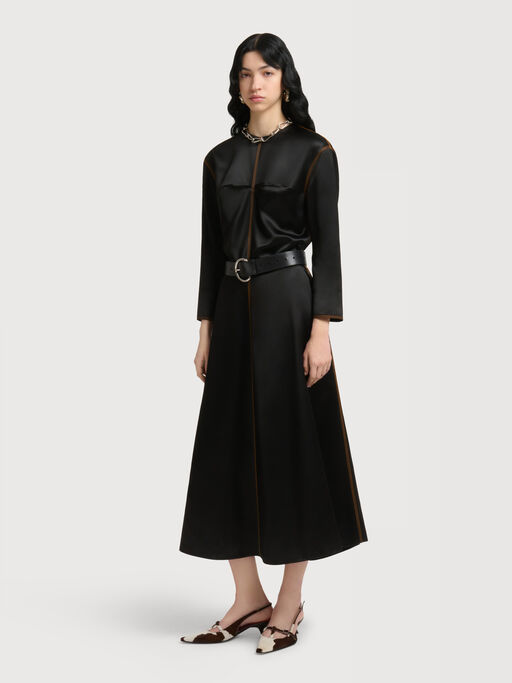 Black satin long-sleeved dress with contrast stitching - Dresses