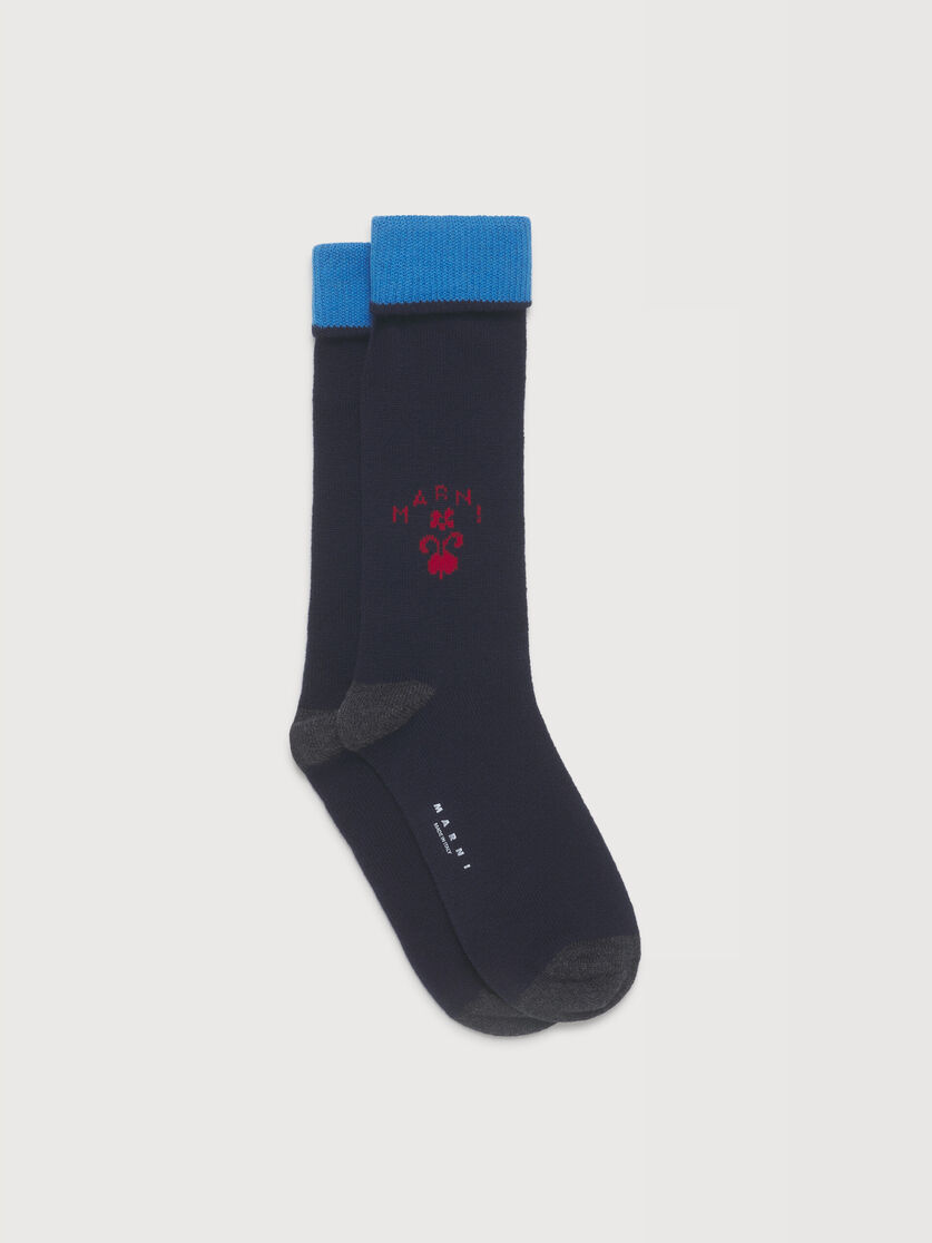 Chaussettes bleu fonc&eacute; en laine et cachemire avec logo, Image 1