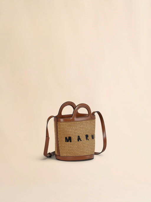 Kleine Beuteltasche Tropicalia aus braunem Leder und Material in Bast-Optik - Schultertaschen