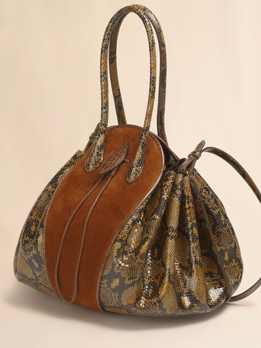 Brown suede and python-print leather Tulipea large handbag - Shoulder Bags