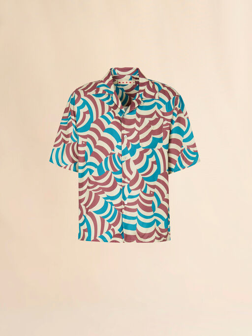 Brown and turquoise twill bowling shirt with Yoyo print - Shirts