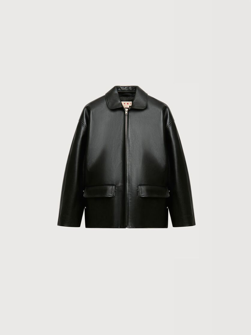 Black glossy leather jacket with martingale, Image 1