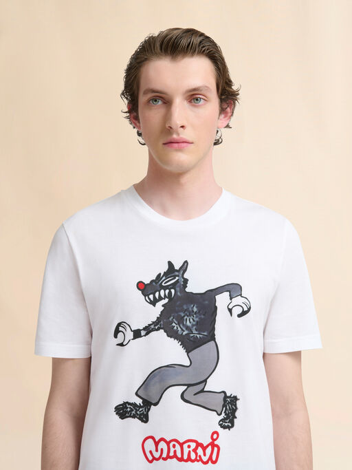 T-Shirt aus weißer Baumwolle mit Wolf-Print - Hemden