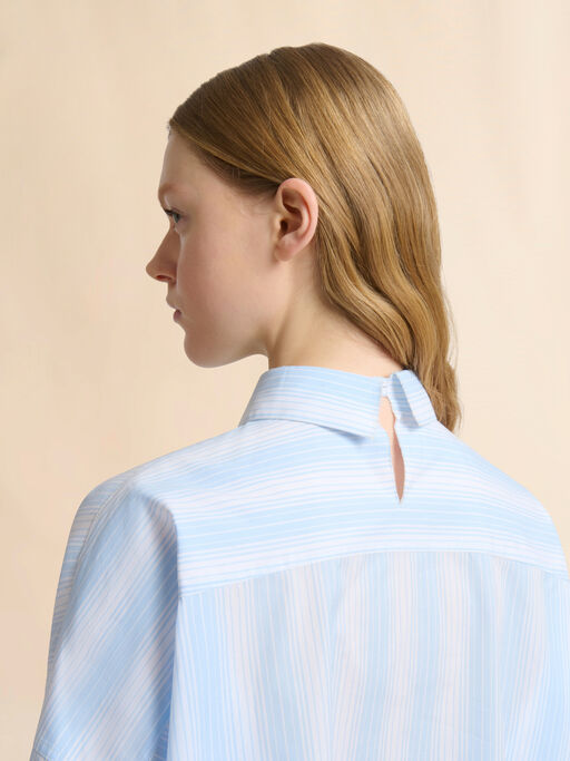 ブルー 無地パネル付きストライプポプリンシャツ - シャツ