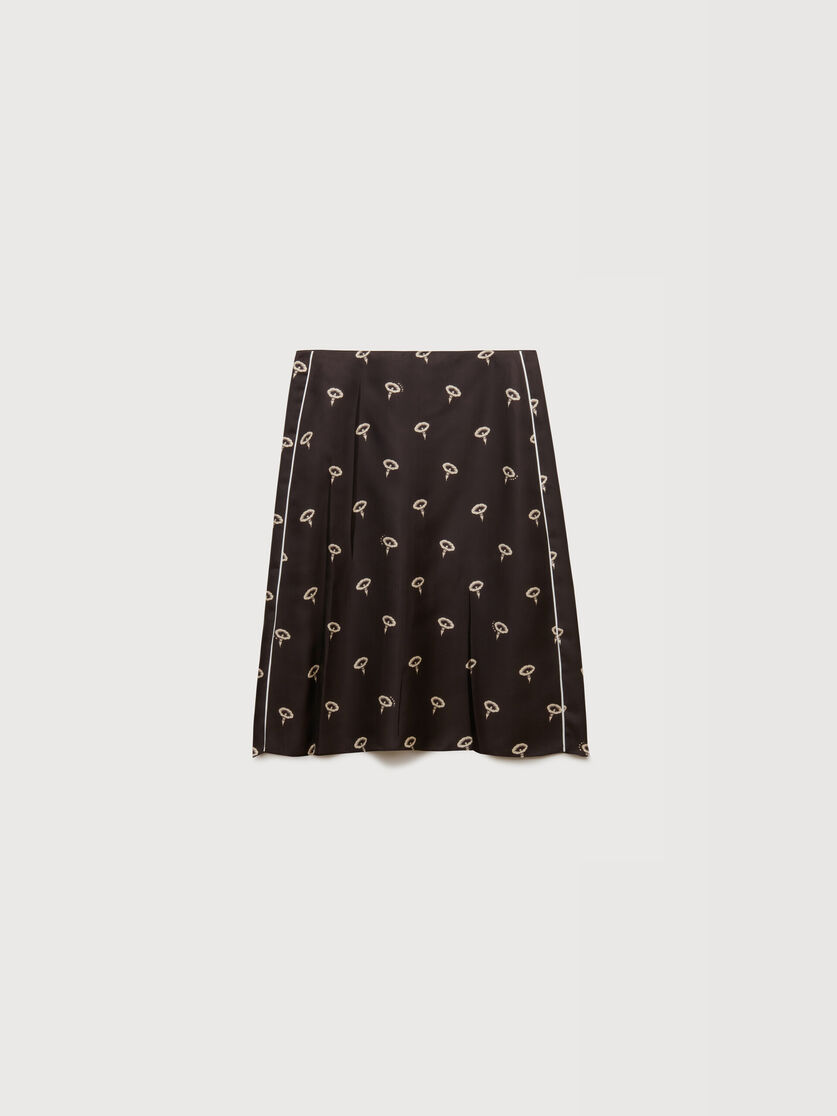 Brown silk twill midi skirt with floral print, Image 1