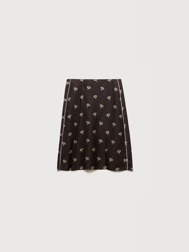 Brown silk twill midi skirt with floral print - Skirts