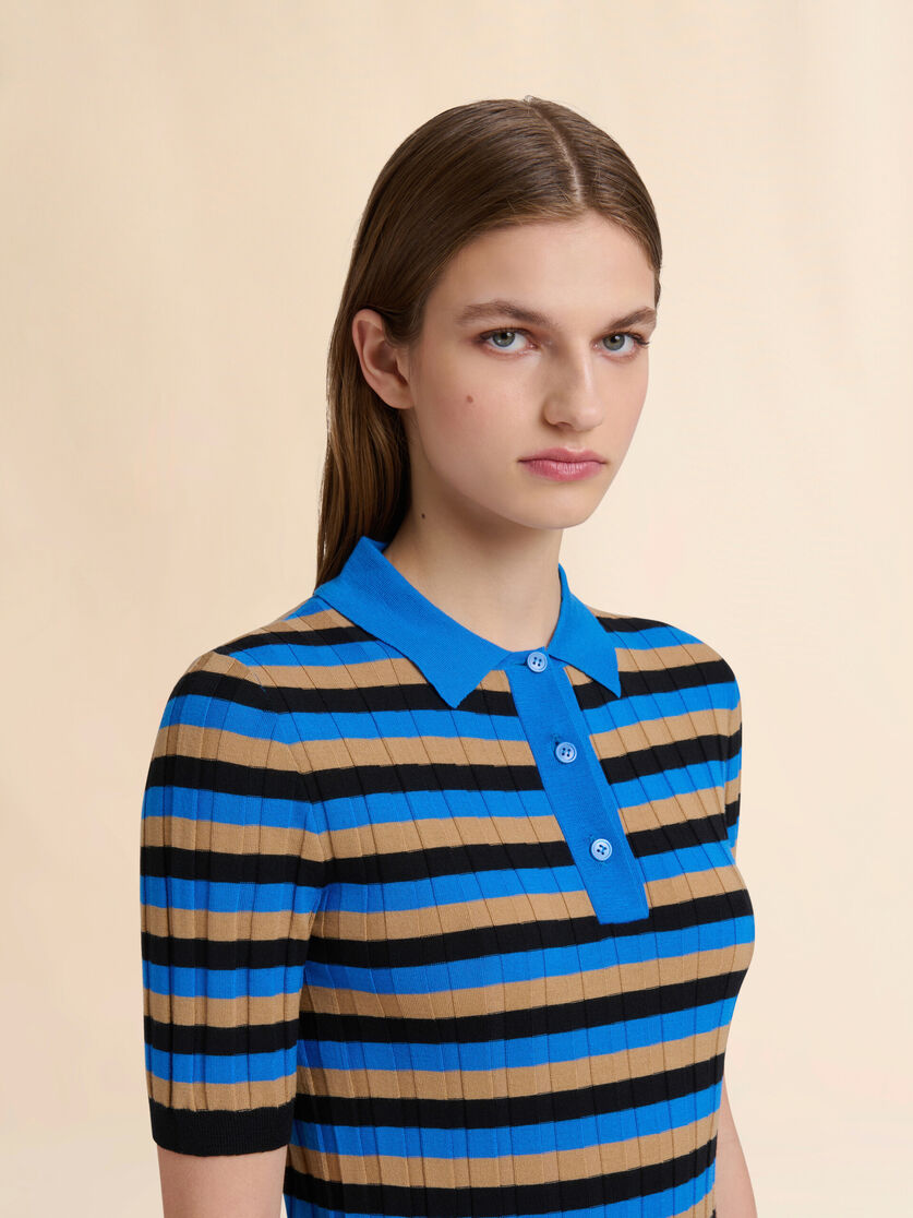 Brown and blue striped wool polo shirt - Shirts - Image 4