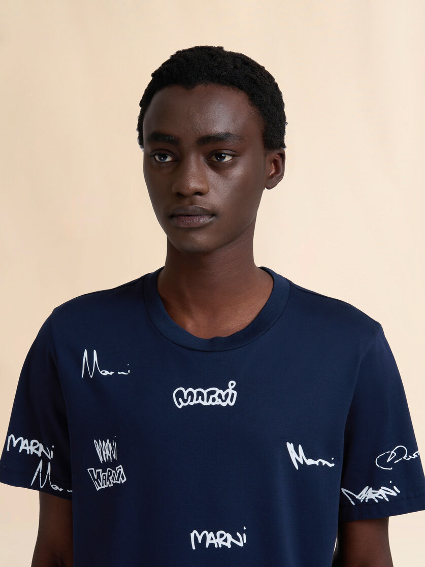 Deep blue cotton T-shirt with Multigram Marni print - Shirts - Image 4