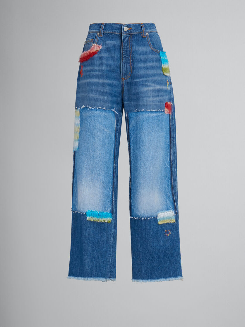 Blue organic denim jeans with mohair patches - Pants - Image 1
