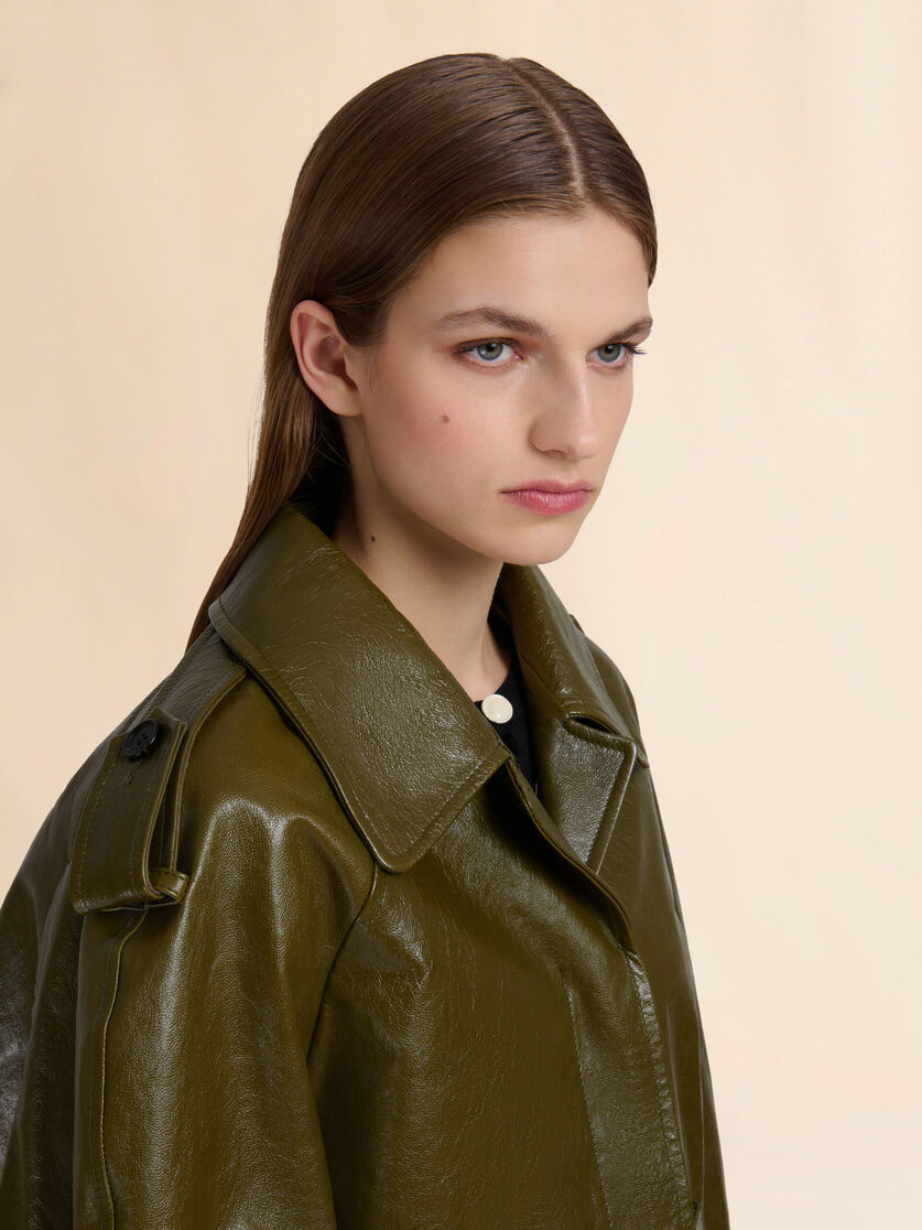 Deep green leather short trench coat - Jackets - Image 4