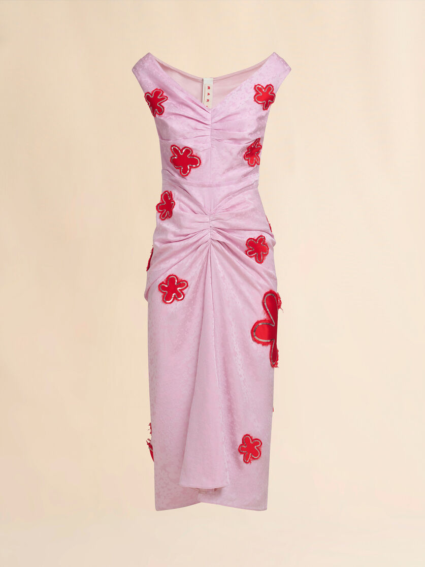 Pink silk jaquard dress with flower patches and sequins - Dresses - Image 1