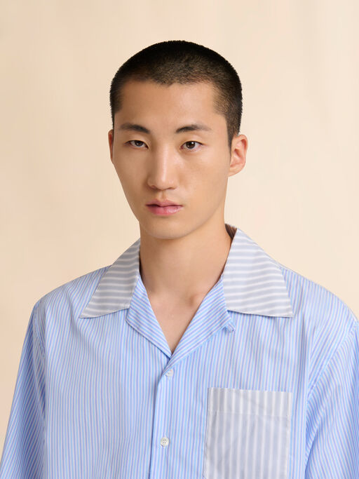 Blue striped poplin bowling shirt with contrast accents - Shirts