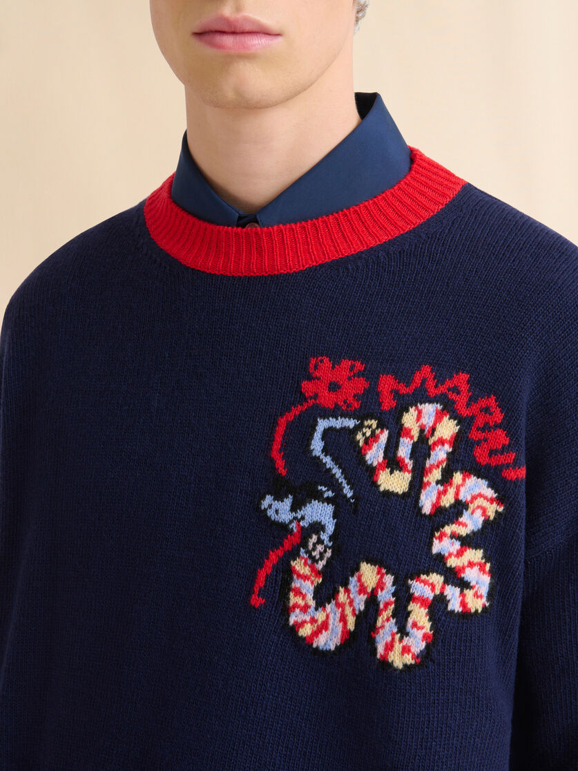 Blue wool jumper with jacquard snake - Pullovers - Image 4